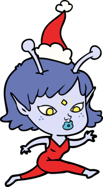 Bir insan tarafından çizilmiş Noel Baba şapkasıyla koşan bir uzaylı kızın çizimi.