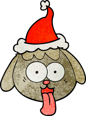 Bir insanın çizdiği Noel Baba şapkasıyla nefes nefese kalmış bir köpek suratının el çizimi karikatürü.