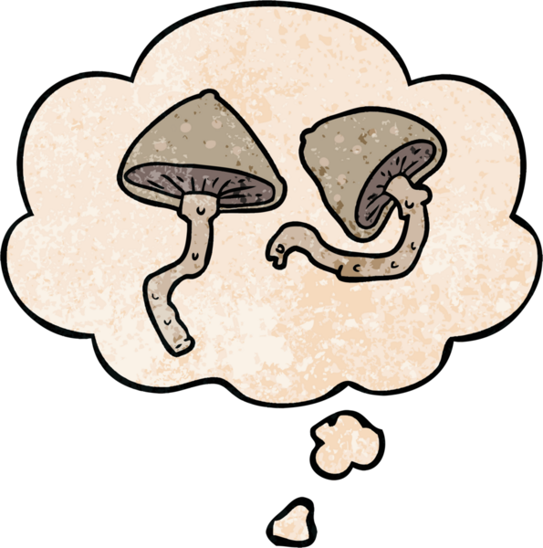 Bir insan tarafından çizilmiş grunge desenli düşünce baloncuklu mantarlar.