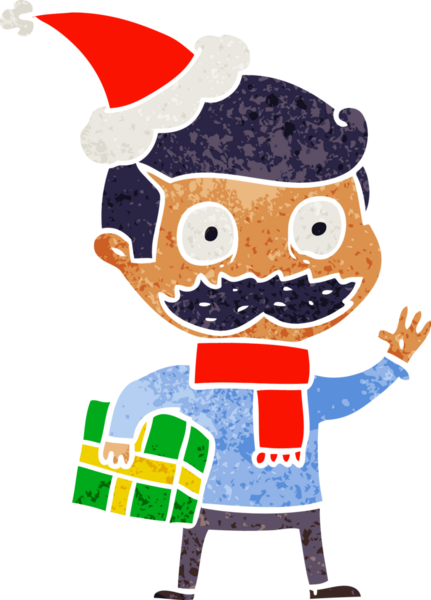 El çizimi, bıyıklı ve noel hediyeli bir adamın insan tarafından çizilmiş Noel Baba şapkası taktığı karikatürü.