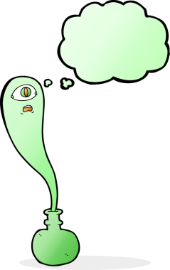 Şişede cadılar bayramı hayaleti ve bir insan tarafından çizilmiş düşünce balonu.