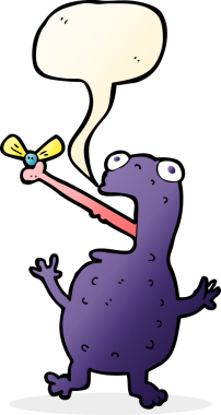 Çizgi film zehirli kurbağa, bir insan tarafından çizilmiş konuşma balonuyla sinek yakalıyor.