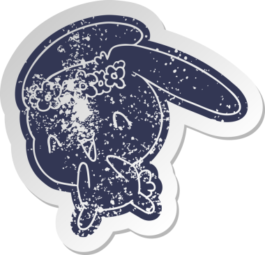 Sıkıntılı eski çizgi film etiketi kawaii sevimli tüylü tavşan bir insan tarafından çizilmiş