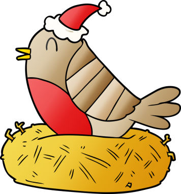 Bir insan tarafından çizilmiş Noel Baba şapkası giymiş bir kuşun el çizimi karikatürü.