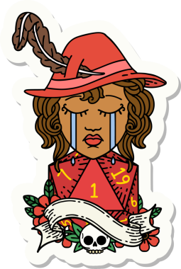 Ağlayan bir insan Druid karakterinin çıkartması. Bir insan tarafından çizilmiş doğal bir D20 rulosu.