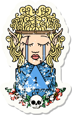 Ağlayan barbar bir elf karakterinin grunge çıkartması. İnsan tarafından çizilmiş doğal bir D20 rulosu.