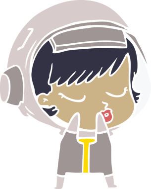 Utangaç düz renkli çizgi film. Bir insan tarafından çizilmiş güzel astronot kız.