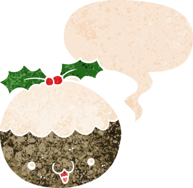 Hoş bir karikatür noel pudingi, konuşma baloncuğu ve grunge dertli retro stili bir insan tarafından çizilmiş.