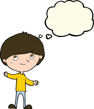 Bir insan tarafından çizilmiş düşünce balonu olan mutlu çocuk çizgi filmi.