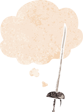 Düşünce baloncuğu ve grunge ile çizgi film kılıcı bir insan tarafından çizilmiş sıkıntılı retro stil