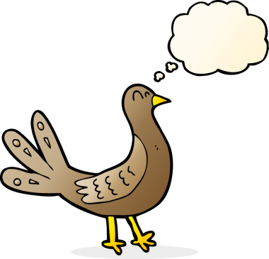 Bir insan tarafından çizilmiş düşünce baloncuklu çizgi film kuşu.