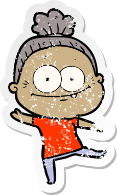 Bir insan tarafından çizilmiş mutlu, yaşlı bir kadının sıkıntılı çıkartması.