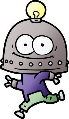 Bir insan tarafından çizilmiş ampullü mutlu karton robot.