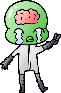 çizgi film büyük beyin uzaylı ağlayan ve bir insan tarafından çizilen barış işareti veren