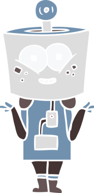 Mutlu düz renkli çizgi film robotu bir insan tarafından çizilmiş omuz silkiyor.