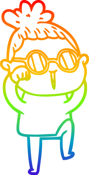 Bir insan tarafından çizilmiş gözlük takan bir karikatür kadının çizimi.