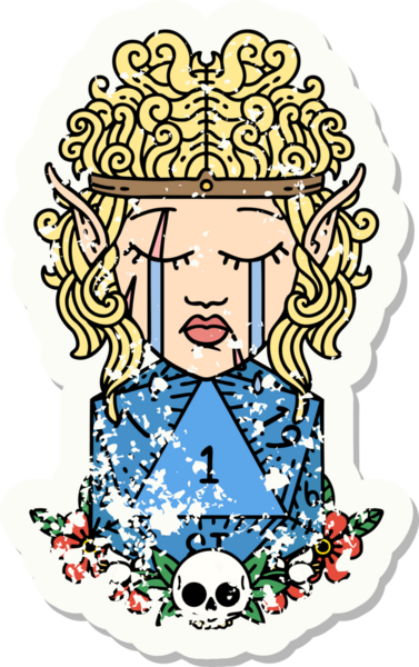 Ağlayan barbar bir elf karakterinin grunge çıkartması. İnsan tarafından çizilmiş doğal bir D20 rulosu.