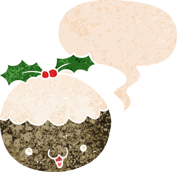 Hoş bir karikatür noel pudingi, konuşma baloncuğu ve grunge dertli retro stili bir insan tarafından çizilmiş.