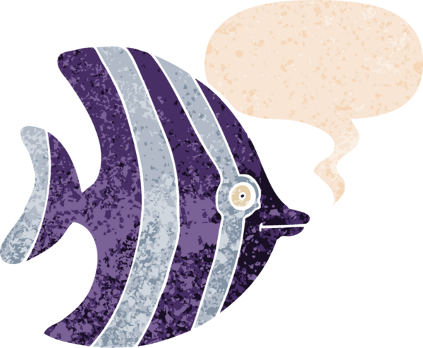 Konuşan baloncuklu karikatür melek balığı bir insan tarafından çizilmiş dertli retro stil.