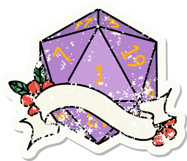 Bir insan tarafından çizilmiş doğal bir d20 zarının grunge çıkartması.