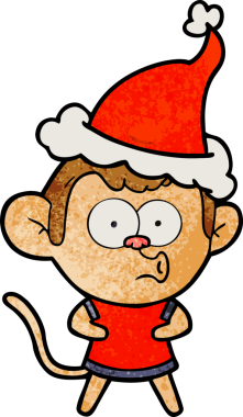 Şaşırmış bir maymunun insan tarafından çizilmiş Noel Baba şapkası giydiği el çizimi bir çizgi film.