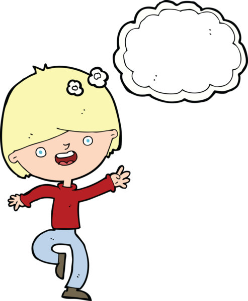 Bir insan tarafından çizilmiş düşünce baloncuğuyla dans eden mutlu çocuk.