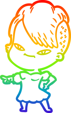 Gökkuşağı gradyan çizimi. Hipster saç kesimi bir insan tarafından çizilmiş şirin bir çizgi film kızı.