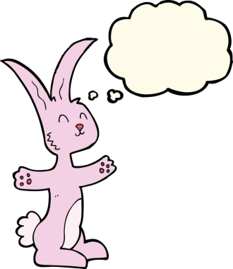 Bir insan tarafından çizilmiş düşünce kabarcığı olan çizgi film tavşanı.