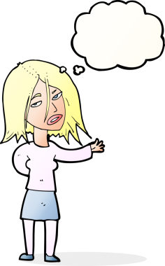 Bir insan tarafından çizilmiş düşünce kabarcığı olan mutsuz bir kadın çizgi filmi.