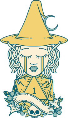 Retro Dövme Tarzı Ağlayan Elf Büyücüsü karakteri yüzü ve bir insan tarafından çizilmiş D20 rulosu