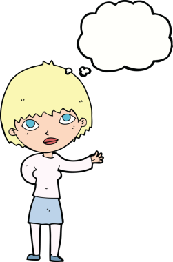 Bir insan tarafından çizilen düşünce baloncuğuyla açıklayan çizgi film kadını.