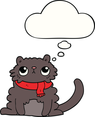 Bir insan tarafından çizilmiş düşünce kabarcığı olan çizgi film kedisi.