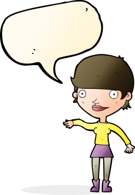 Bir insan tarafından çizilmiş konuşma balonlu mutlu kadın çizgi filmi.