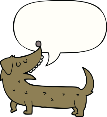 Bir insan tarafından çizilmiş konuşma balonu olan çizgi film köpeği.