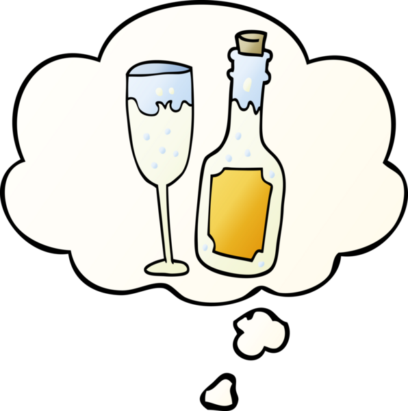 Karikatür şampanya şişesi ve bir insan tarafından çizilmiş düşünce kabarcığı.