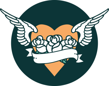 Kanatlı, çiçek ve bir insan tarafından çizilmiş bir kalbin ikonik dövme görüntüsü.