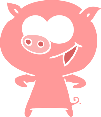 Bir insan tarafından çizilmiş neşeli domuz düz renkli çizgi film.