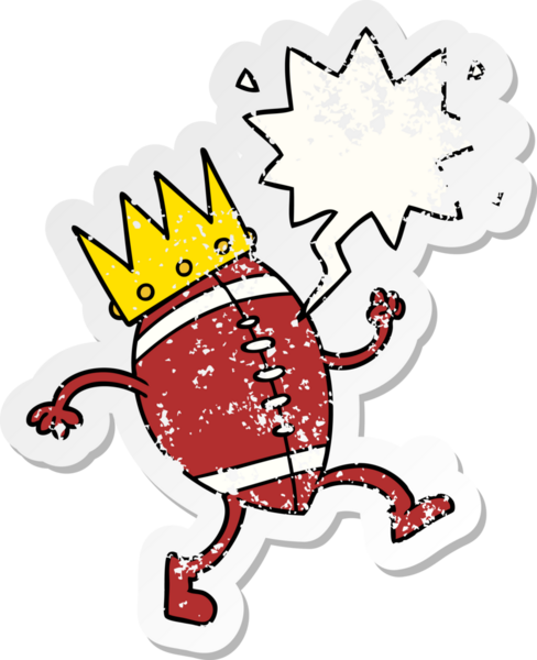 Futbol, konuşma baloncuklu taçlı karikatür. Bir insan tarafından çizilmiş sıkıntılı eski bir çıkartma.