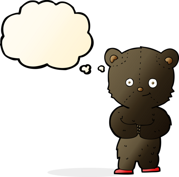 Bir insan tarafından çizilmiş düşünce baloncuklu oyuncak ayı yavrusu.