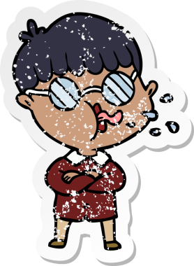 Bir insan tarafından çizilmiş gözlük takan çizgi film karakterinin sıkıntılı çıkartması.