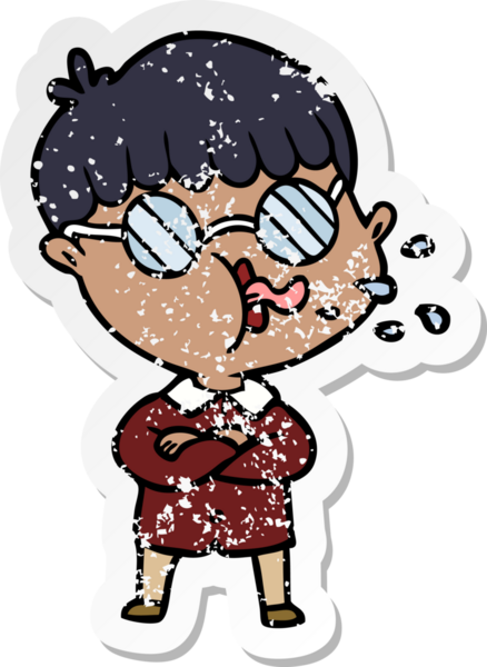 Bir insan tarafından çizilmiş gözlük takan çizgi film karakterinin sıkıntılı çıkartması.