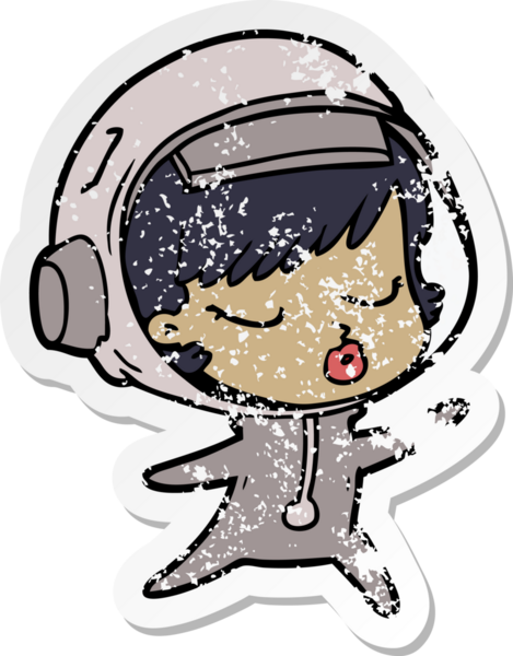 Bir karikatür çıkartması. Bir insan tarafından çizilmiş güzel astronot kız.