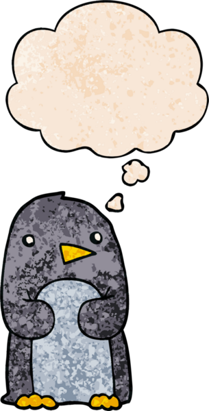 Bir insan tarafından çizilmiş grunge desenli düşünce baloncuklu penguen çizgi filmi.
