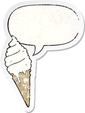 Konuşma balonlu çizgi film dondurması bir insan tarafından çizilmiş sıkıntılı eski bir çıkartma