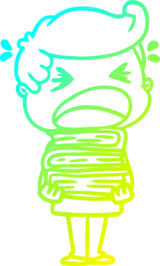 Bir insan tarafından çizilmiş kitap yığınıyla bağıran bir karikatür çizimi.