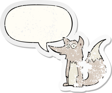 Konuşma baloncuğu olan karikatür kurdu, bir insan tarafından çizilmiş, kederli, eski bir çıkartma.