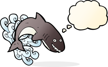 Bir insan tarafından çizilmiş düşünce baloncuklu çizgi film köpekbalığı.