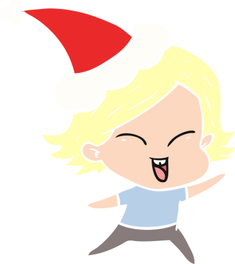 Mutlu el çizimi düz renk çizimi Noel Baba şapkası giyen bir kız bir insan tarafından çizilmiş.