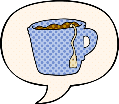 Bir insan tarafından çizilmiş, çizgi roman tarzında konuşma baloncuklu sıcak çay.