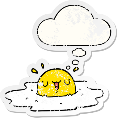 Düşünce baloncuklu karikatür yumurta insan tarafından çizilmiş yıpranmış bir çıkartma.